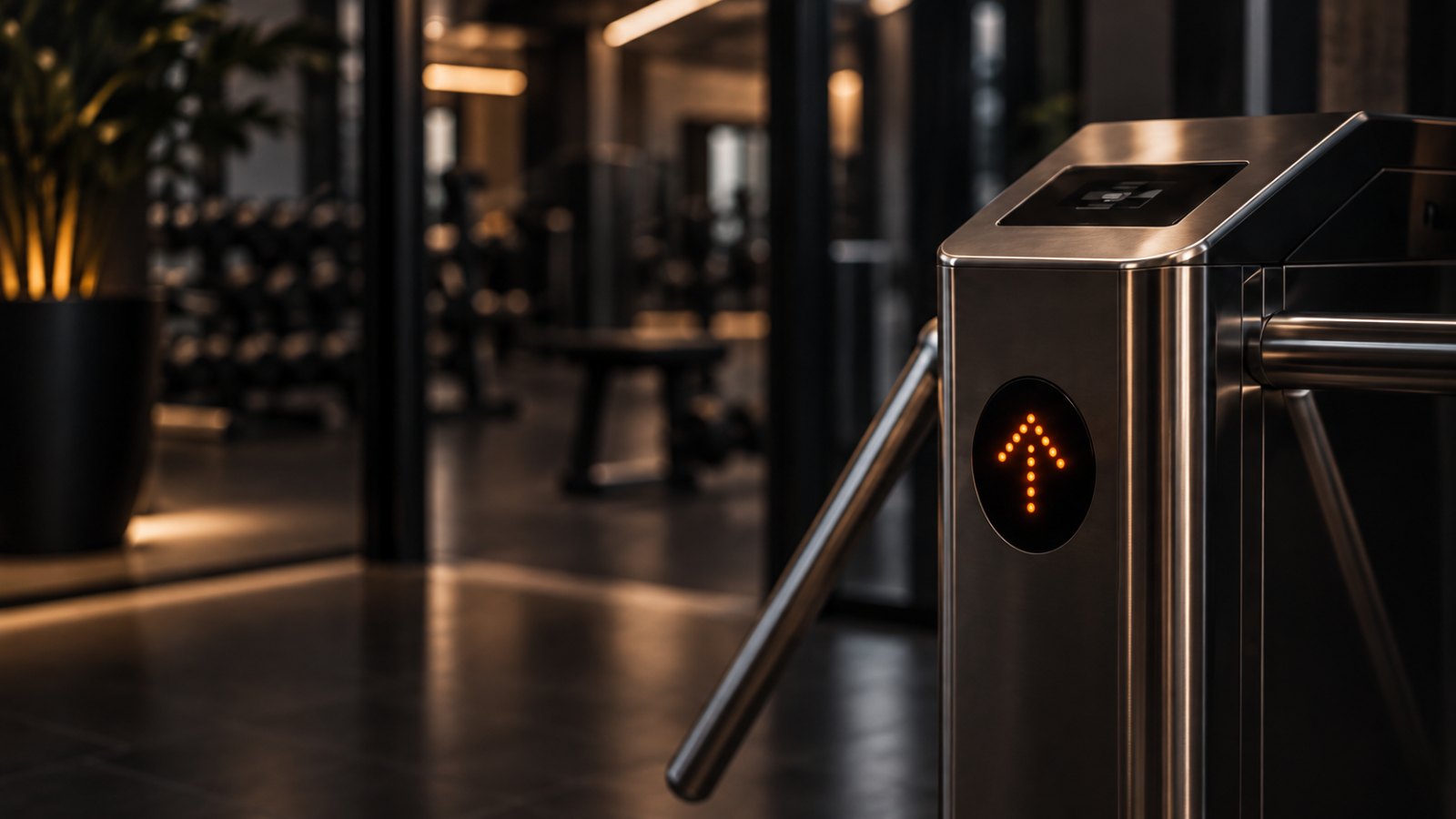 Torno de trípode en el acceso de un gimnasio, con la sala de entrenamiento al fondo